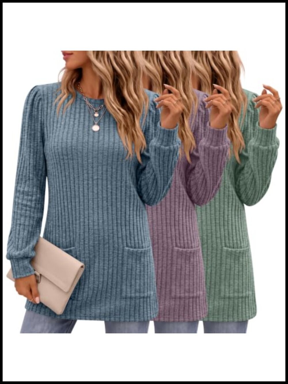 3 Pack Women's Ribbed Long Sleeve Tunic Tops Puff Sleeve Pockets